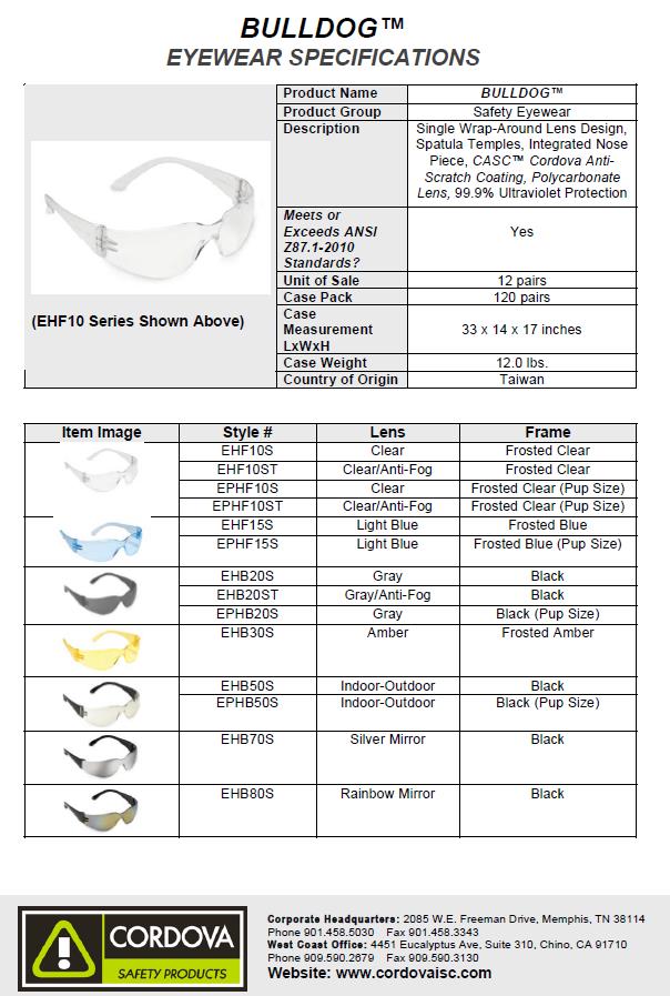 cordova bulldog safety glasses